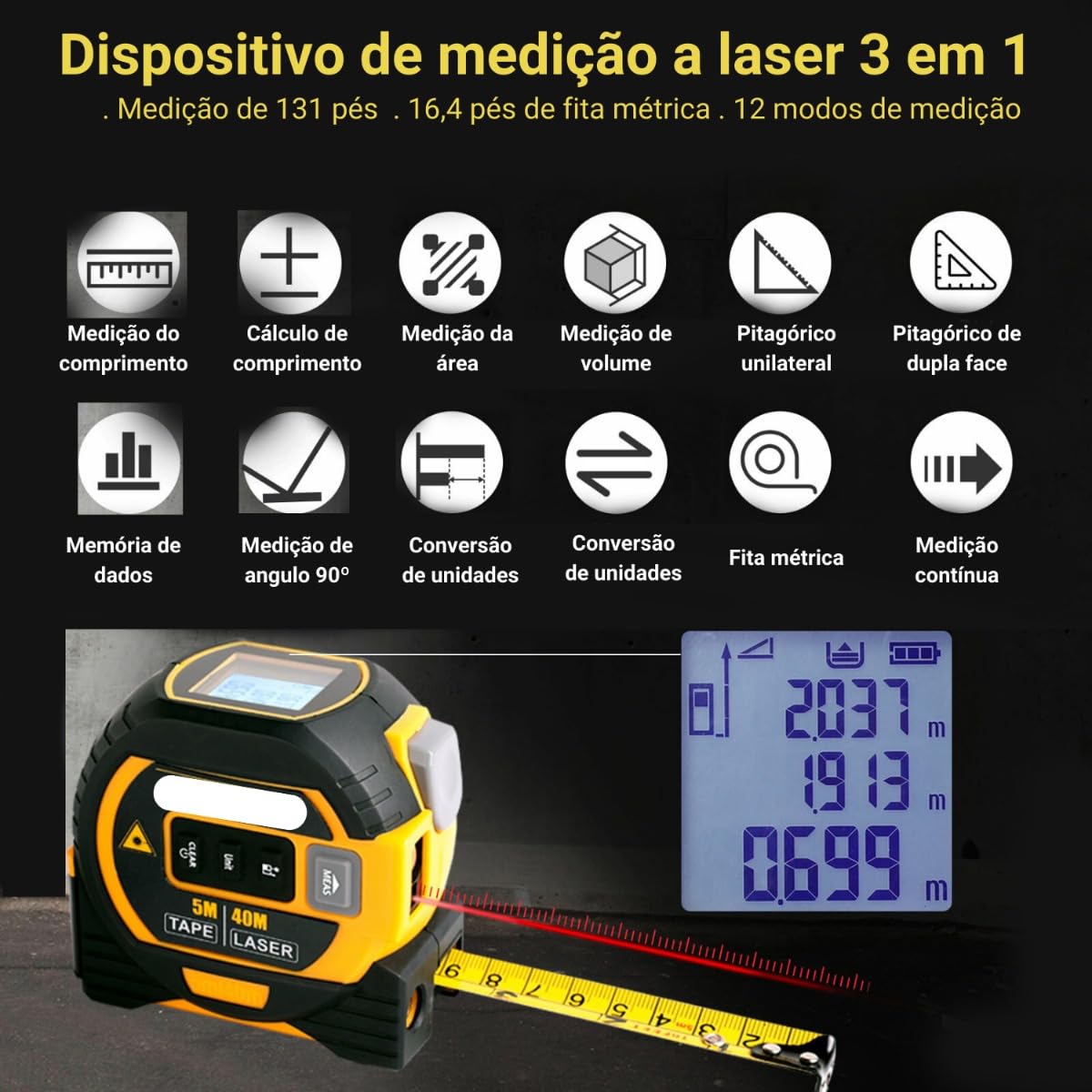 Trena Digital Com Visor Lcd Laser De Medição Até 40m Multifuncional 3 Em 1 TEM-Q65