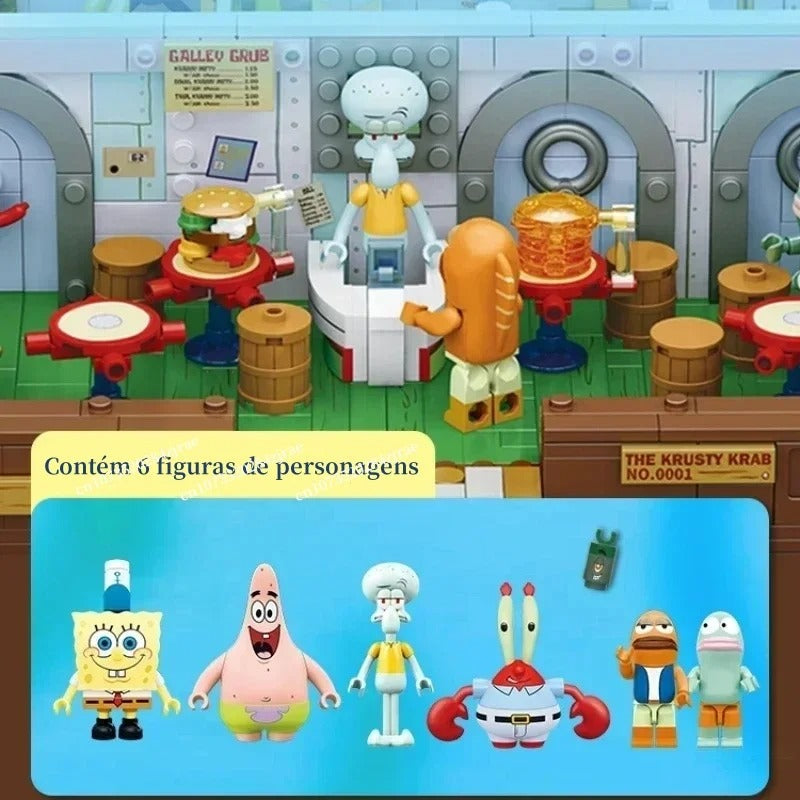 Bob Esponja Calça Quadrada Blocos de Construção Dos Desenhos Animados Krusty Krab Restaurante Modelo Montagem Brinquedo Patrick Estrela Capitão Presente de Aniversário