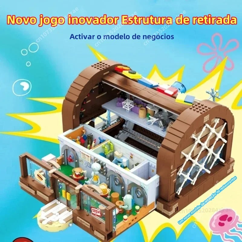 Bob Esponja Calça Quadrada Blocos de Construção Dos Desenhos Animados Krusty Krab Restaurante Modelo Montagem Brinquedo Patrick Estrela Capitão Presente de Aniversário